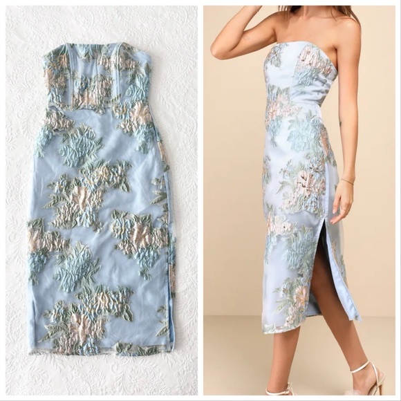 Lulus Upgraded Event Blue Floral Jacquard Strapless Bustier Midi Dress - Picture 1 of 9
